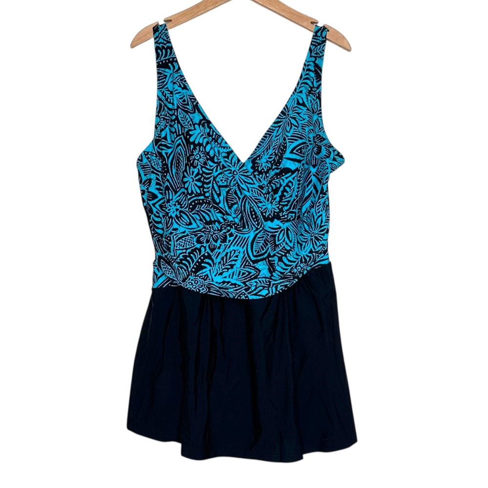 Ocean Dream Signature Swimdress 24W Blue Black Floral One Piece Plus Size